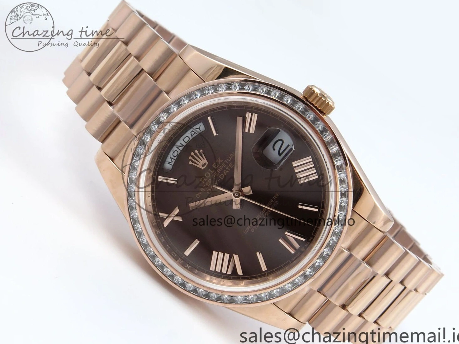 MiroTime 0521 Lightweight DayDate 40 RG QF 1:1 Best Edition Brown Roman Dial Diamonds Bezel on President Bracelet A2836 V5 (Gain Weight) 475
